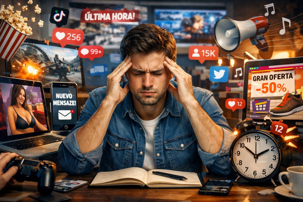 Persona luchando con falta de atención causada por múltiples dispositivos digitales