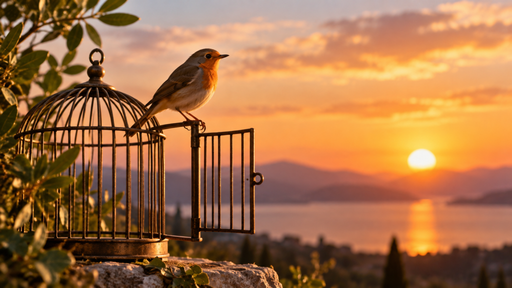 Pájaro posado en una jaula abierta que elige quedarse, representando el amor libre frente a la dependencia emocional