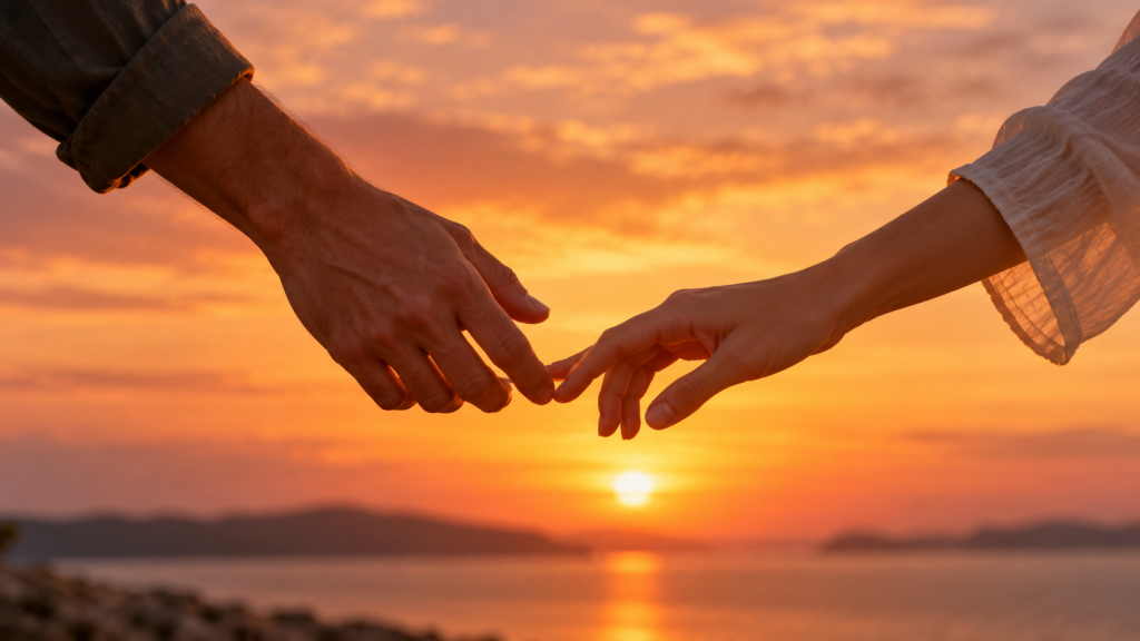 Dos manos que se sueltan suavemente al atardecer, simbolizando la diferencia entre amar y necesitar en la pareja
