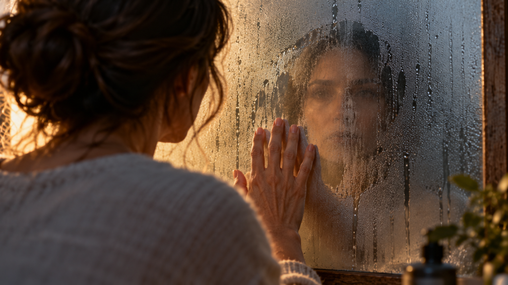 Persona frente a un espejo empañado intentando verse, simbolizando la pérdida de identidad propia en una relación de dependencia emocional